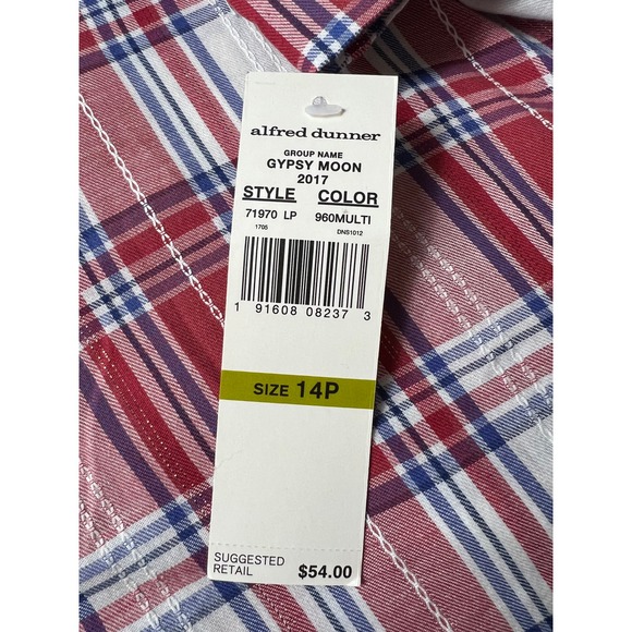 Alfred Dunner Women's Red Plaid 3/4 Sleeve Button Front Top Floral Beading 14P - Picture 10 of 10